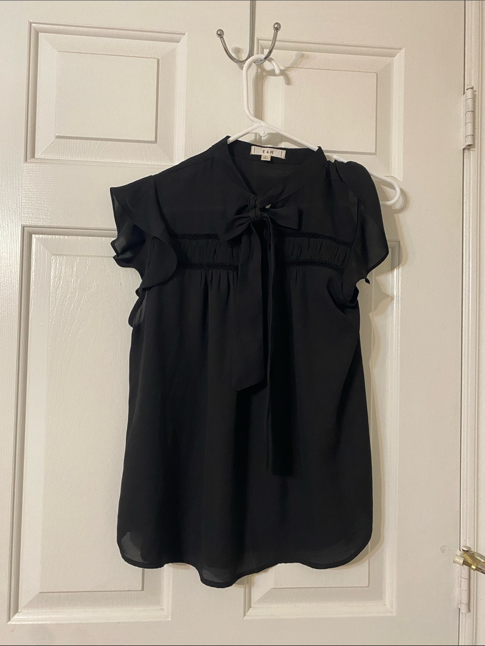 Tie-Neck Flutter Sleeve Blouse in Black